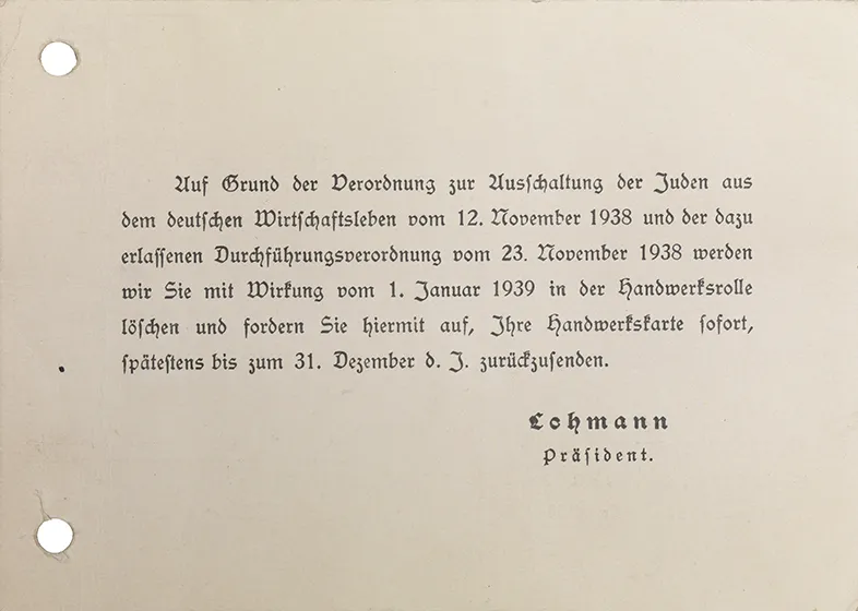  Exclusion document of the Berlin Chamber of Crafts: Black lettering on beige paper.
