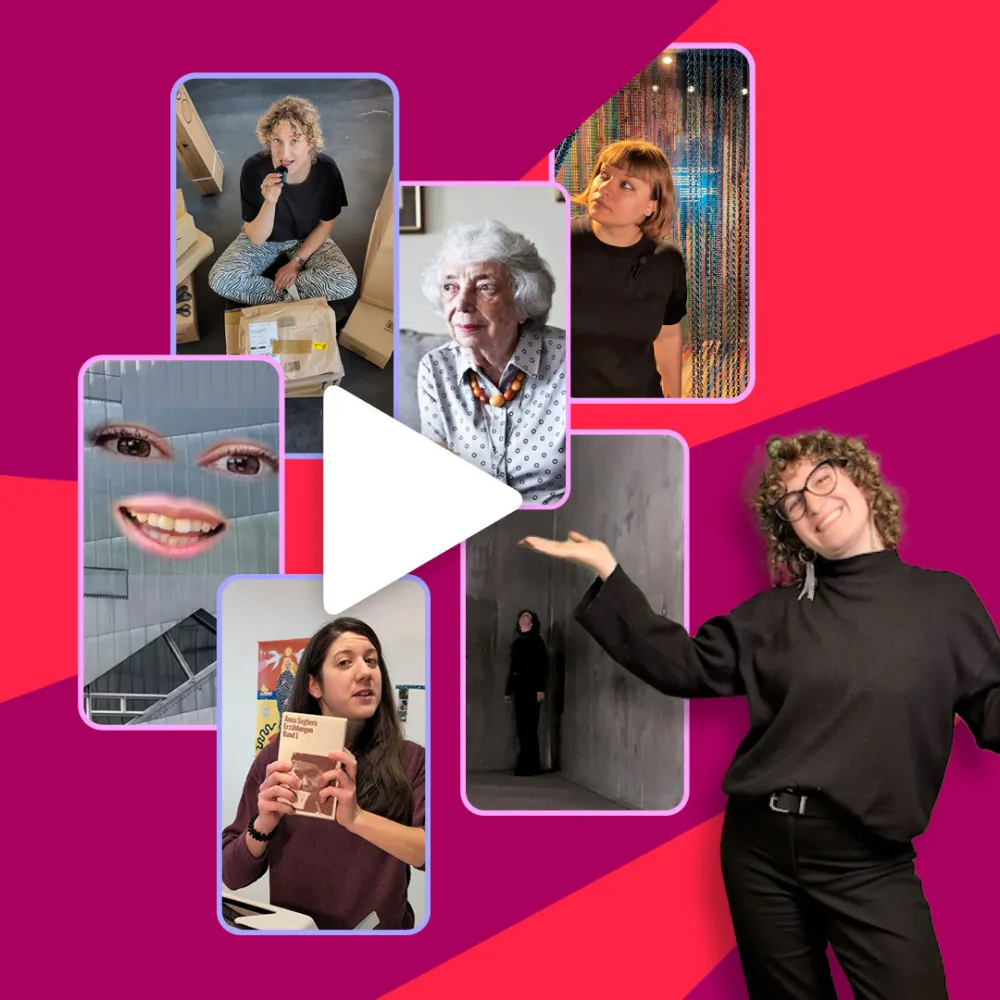 Kollage aus sechs Fotos und Grafik. Am rechten Bildrand steht eine Frau mit Brille und Locken und pr&auml;sentiert die Bilder. In der Mitte ist ein Play-Symbol platziert.
