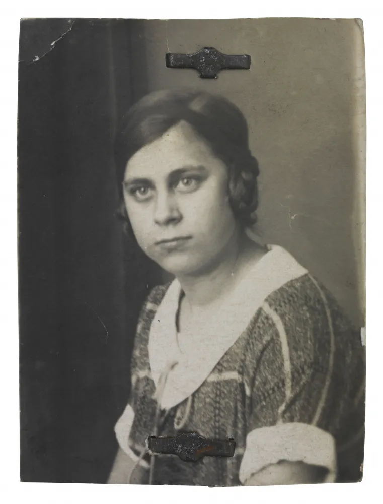 A black-and-white photo portrait of a young woman
