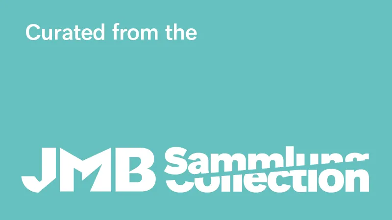 Label with the inscription “Curated from the JMB collection” on light blue background.