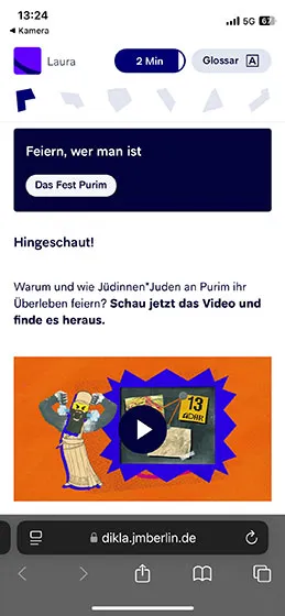 Screenshot of a learning unit on the topic of Purim.