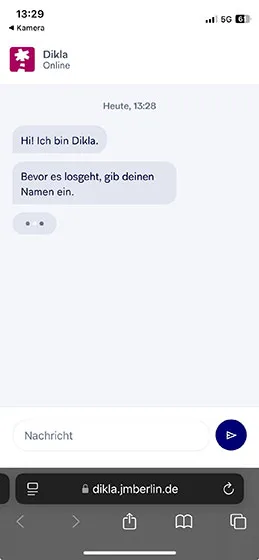 Screenshot of a chat history: Hi, I'm Dikla. Before we start, enter your name...