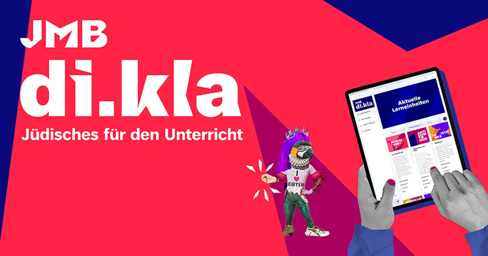 Red and blue graphic with illustrations of a human figure with a parrot's head and a tablet showing the di.kla application.
