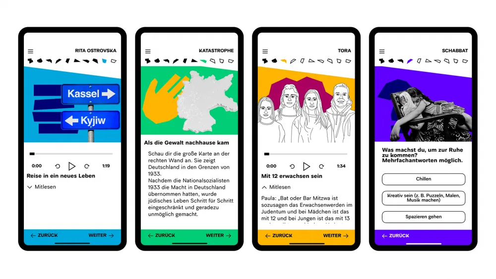 Das Bild zeigt vier Smartphonescreens. Auf den Screens sind vier verschiedene Ansichten von Inhalten der Tour "Junge Perspektiven" in der JMB App zu sehen. 