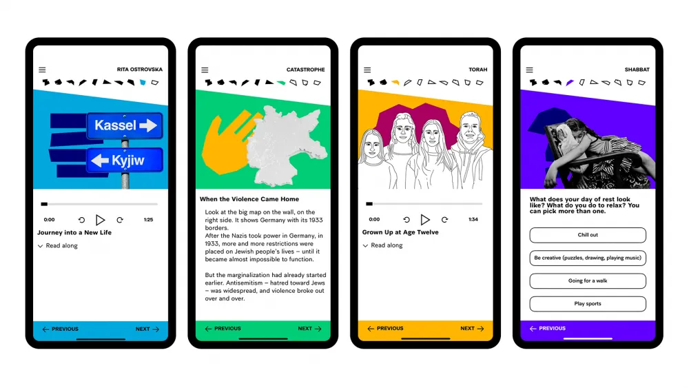 The image shows four smartphone screens. The screens display four different views of content from the “Young Perspectives” tour in the JMB app. 