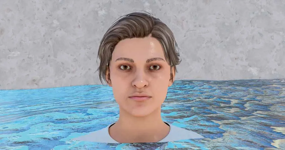 Filmstill mit einem Menschenkopf, die Person ist bis zum Hals im Wasser, das Bild wirkt nicht realistisch, sondern sehr glatt, KI-generiert.