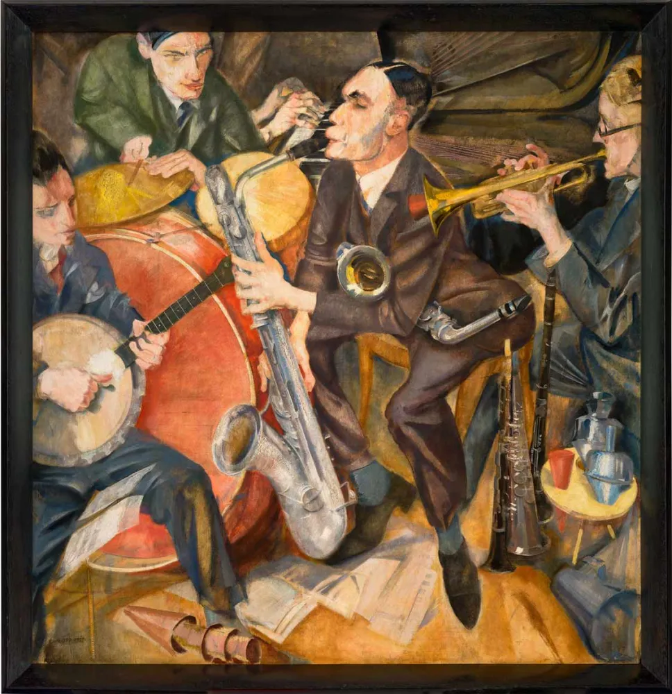 Cubist-inspired painting of a jazz band with saxophonist, trumpeter, drummer, guitarist and hands on the piano in the background.