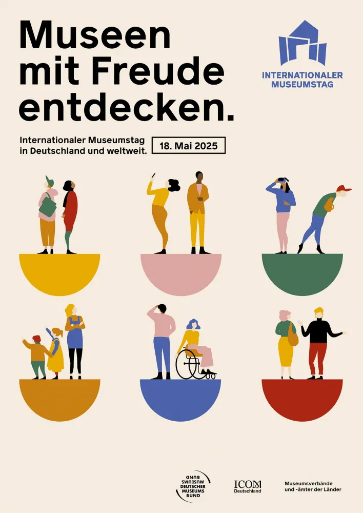 Plakat mit der Aufschrift "Museen mit Freude entdecken". Zu sehen sind sechs Halbkugeln, auf denen sich jeweils zwei oder drei Personen befinden. Sie stehen in typischen Posen von Museumsbesuchenden.