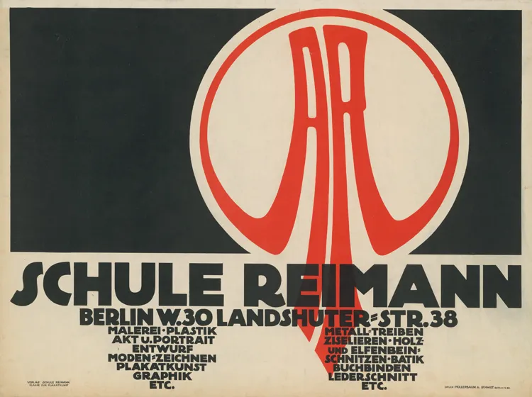  Poster of the Reimann school. Beige background with black lettering and black and red graphics.