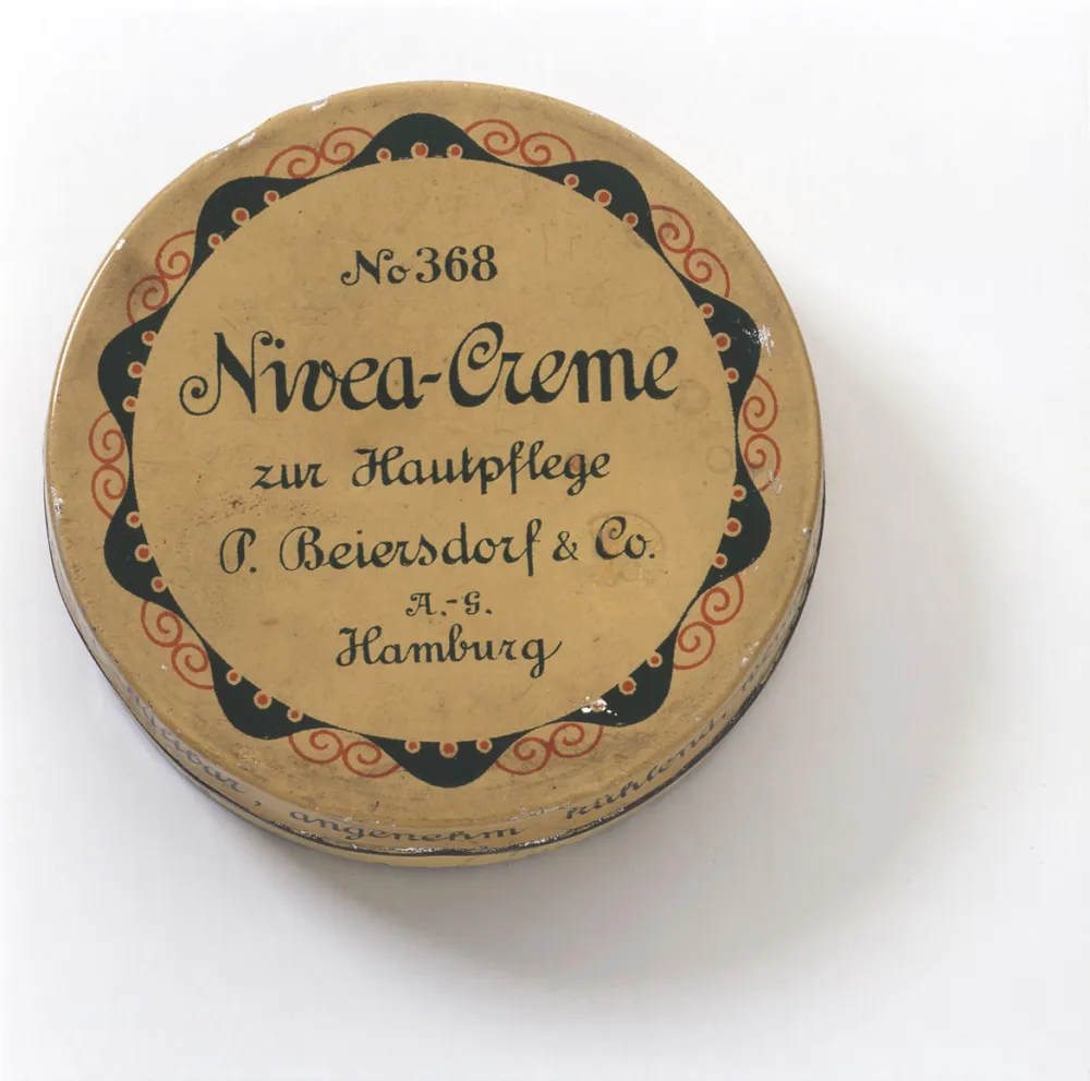 The image shows a round Nivea cream jar labelled with number 368, Nivea cream for skin care by P. Beiersdorf & Co., Hamburg.