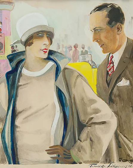  Illustration from a fashion magazine showing a woman and a man in elegant clothing from the 1930s.