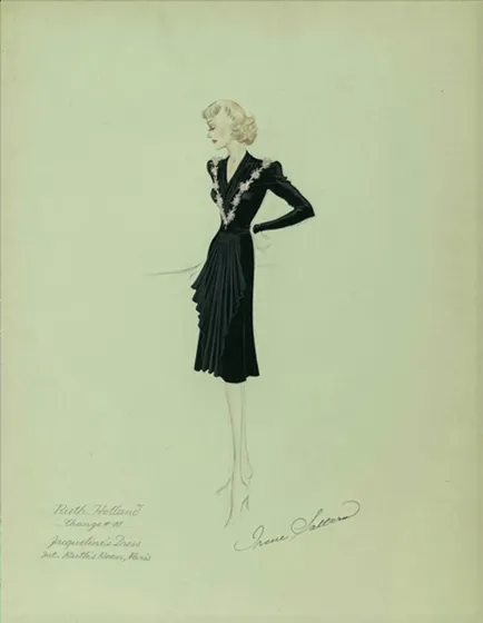 Design sketch showing a woman in a black, knee-length dress.