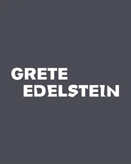 Graphic showing the name "Grete Edelstein" in white letters on a dark background. 