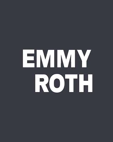 Black square with white letters: "Emmy Roth". 