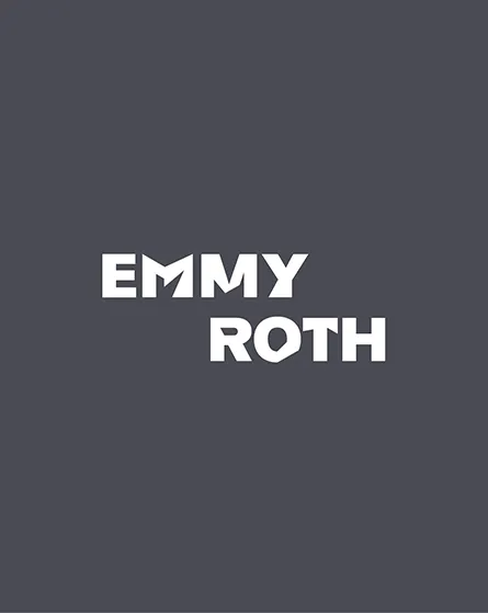 Black square with white letters: "Emmy Roth". 