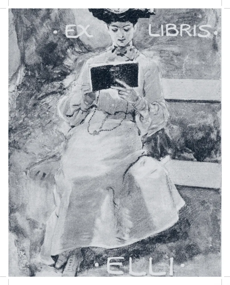 Das Exlibris zeigt eine lesende Frau. Beigefarbenem Papier.