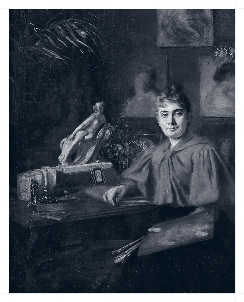 Gemälde einer Frau, die ein rotes Cape trägt und in einem Atelier sitzt.