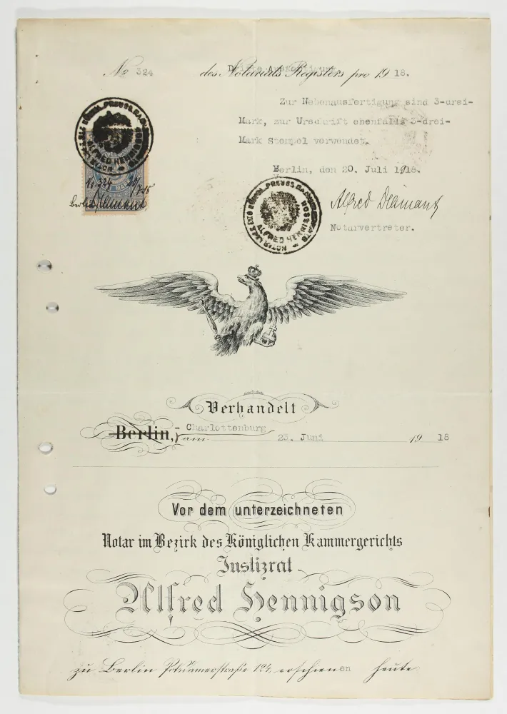 Page of adoption agreement with Prussian eagle, postage stamp, and rubber stamps.