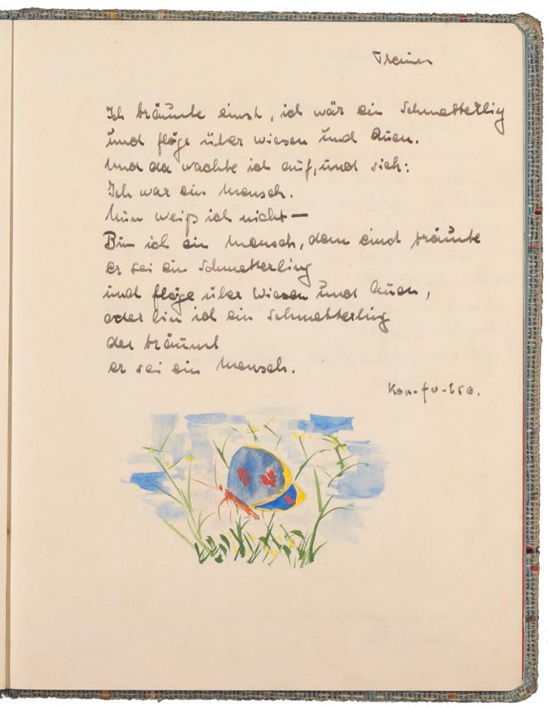 handschriftlicher Text, mit Tinte geschrieben, darunter eine farbige Zeichnung eines Schmetterlings