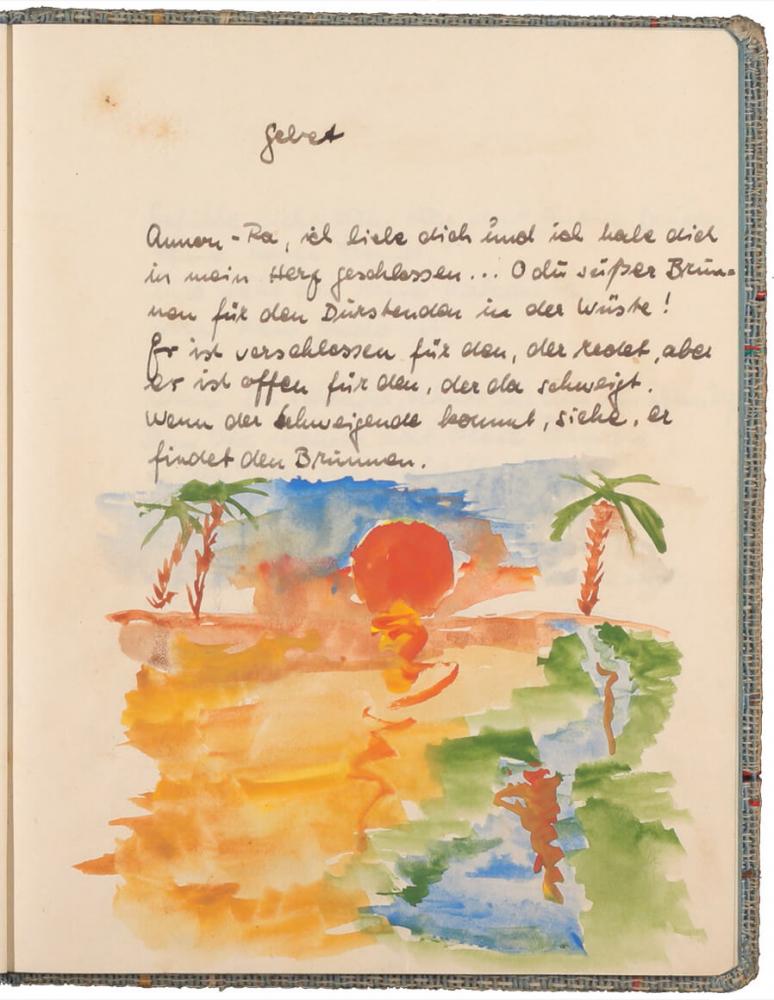 handschriftlicher Text, mit Tinte geschrieben, darunter eine farbige Zeichnung von einem Sonnenuntergang mit Palmen