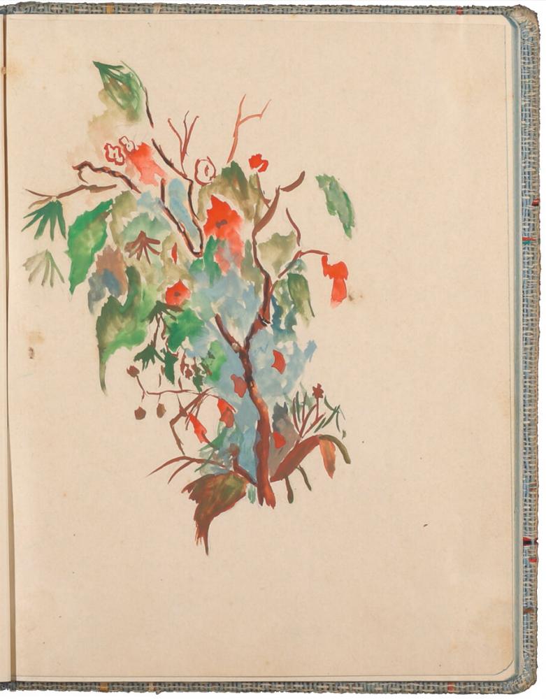 Color drawing of branches and twigs with autumnal foliage
