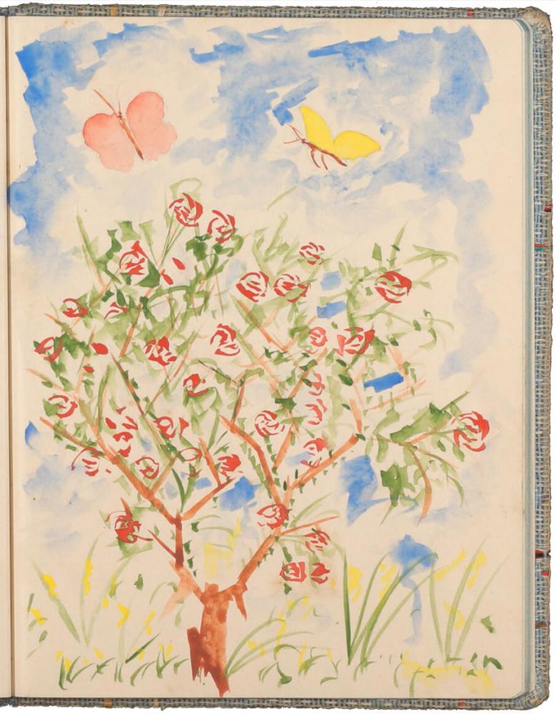 farbige Zeichnung eines Baumes mit roten Blüten, darüber zwei Schmetterlinge am blauen Himmel