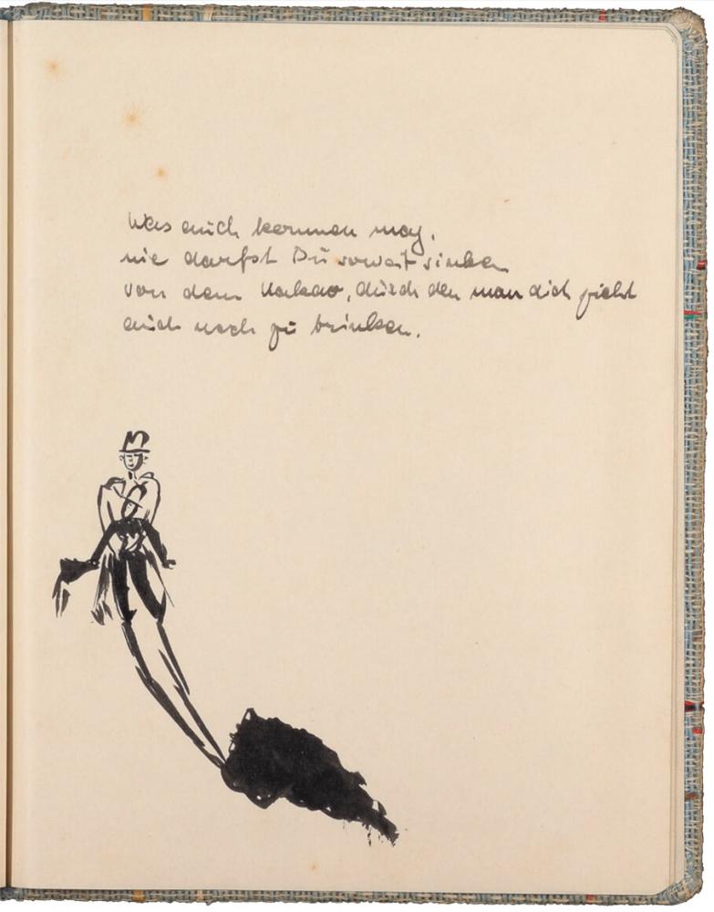 handschriftlicher Text, mit Tinte geschrieben, darunter schwarz-weiß-Zeichnung von zwei Männern und einem schwarzen Fleck