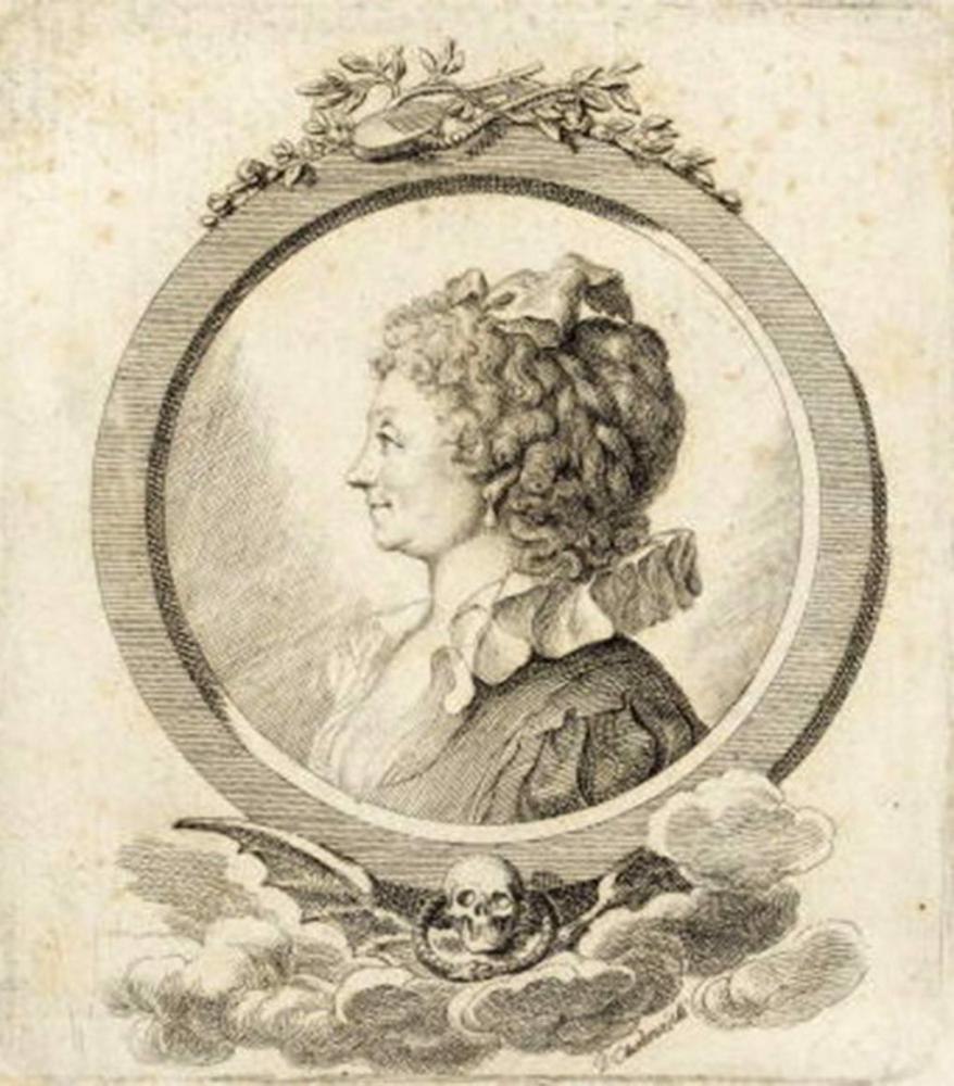 Portrait drawing of a woman in profile within an illustration of a round frame; beneath the frame are clouds and a skull bearing bat wings; a snake biting its own tail is wrapped around the skull’s neck