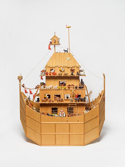 Wooden ark with toy animals, seen from the rear