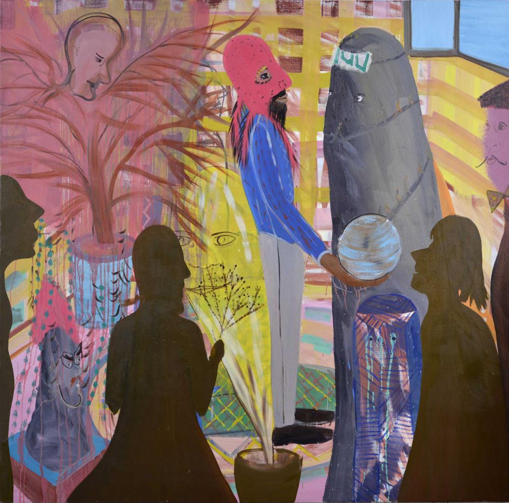 Shai Azoulays painting “Golem”: in the center is a man with a red, ski cap-like mask holding a blue ball in his hand, to his right is a woman wearing a burka. In the foreground are other people.