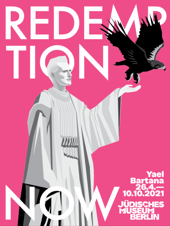 A graphic against a pink background shows a statue of a woman lifting an eagle for flight. In the background, the title of the exhibition in large letters: Redemption Now