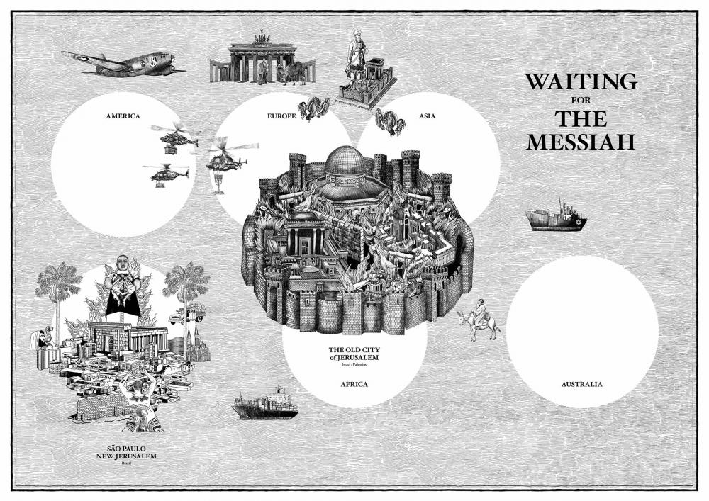 Weltkarte, deren Zentrum die Altstadt von Jerusalem bildet. Alle Kontinente sind als weiße Kreise visualisiert.