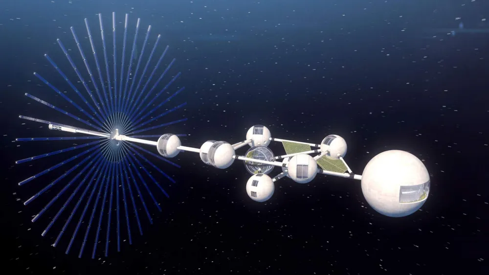 A spacecraft in space consisting of several connected spheres.