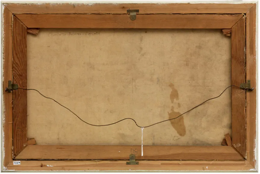 Wooden frame of a painting viewed from behind with the specified inscription and a wire to hang the picture
