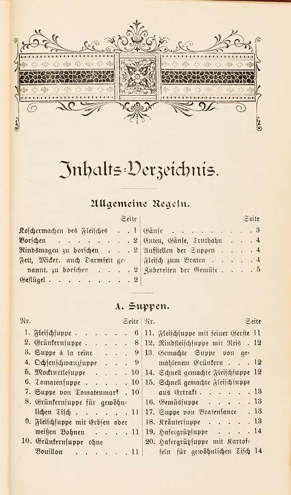 First page of the table of contents with the headings “General Provisions” and “A. Soups”