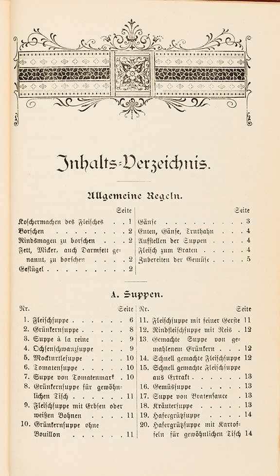 Erste Seite des Inhaltsverzeichnisses mit der Rubrik „Allgemeine Regeln“ und „A. Suppen“