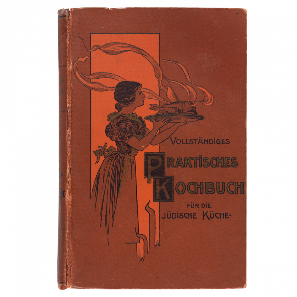 Buchcover mit Zeichnung einer Frau, die eine Servierplatte mit dampfendem Hähnchen trägt