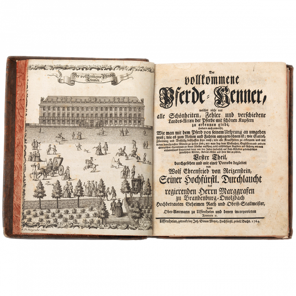 Open book with leather cover showing an illustration of people riding and strolling in front of a grand building, alongside the title page of Der vollkommene Pferdekenner