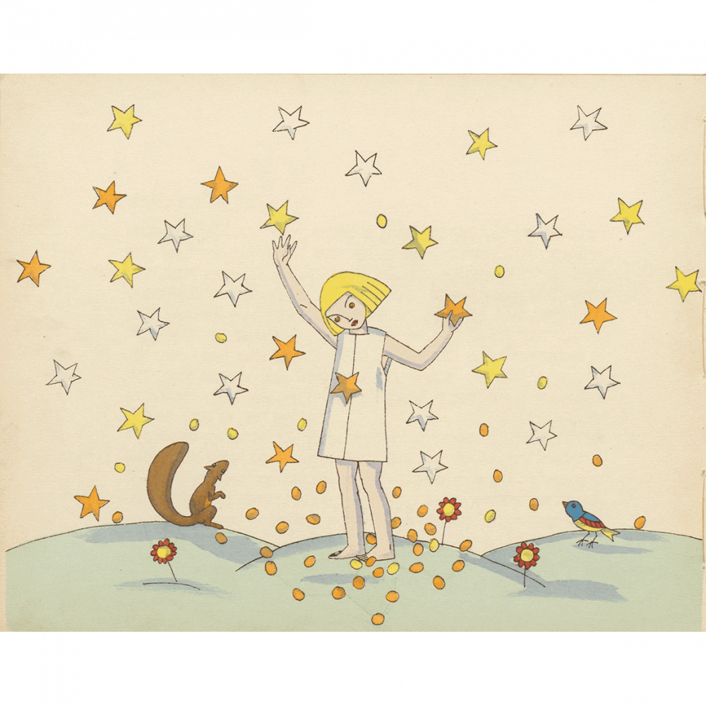 Illustration of a child in a nightgown among lots of falling stars, which the child is grasping in its hands; next to the child there’s a squirrel and a small bird