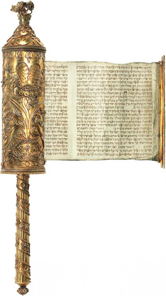A beautiful embroidered golden scroll is open to historical Hebrew text 