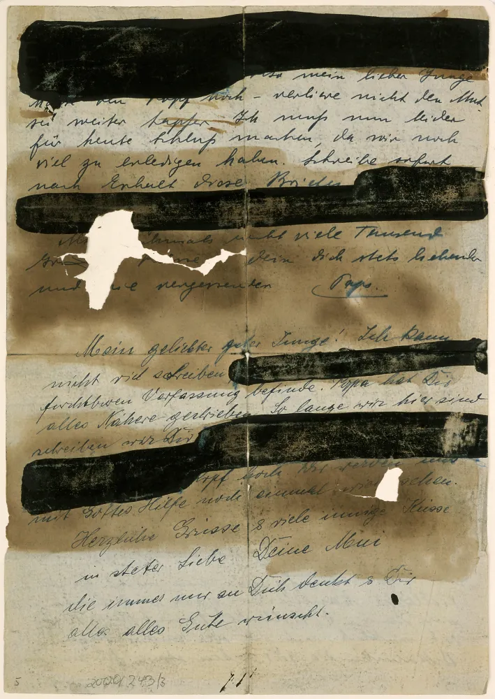 Handschriftlicher Brief mit geschwärzten Abschnitten