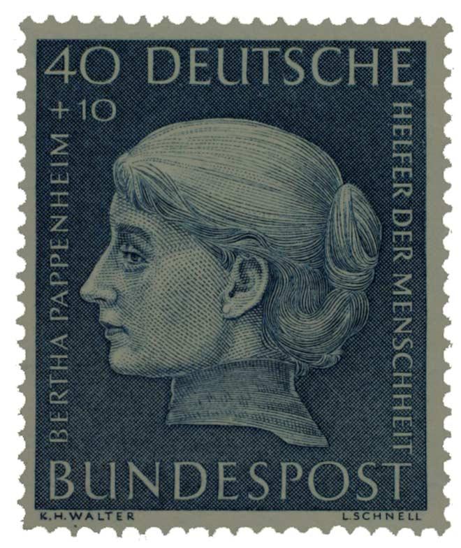 Stamp with woman's head in profile with the inscription "40 + 10 Deutsche Bundespost, Bertha Pappenheim, Helfer der Menschheit" (helper of mankind)