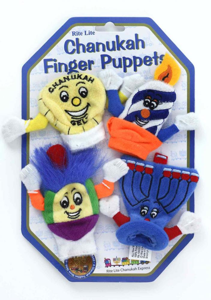 Small colorful finger puppets attached to cardboard packaging. They personify a piece of Hanukkah gelt (a chocolate coin), a burning Hanukkah candle, a dreidel, and a Hanukkah menorah. Each of the puppets has an embroidered face and outstretched arms.