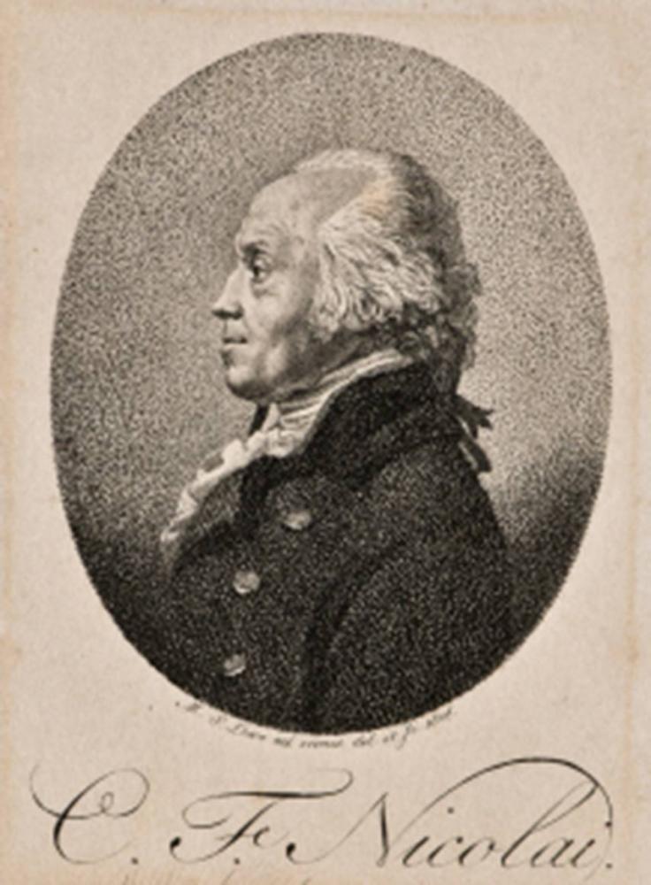 Drawing of a man in profile with prominent widow’s peaks, captioned “C.F. Nicolai”