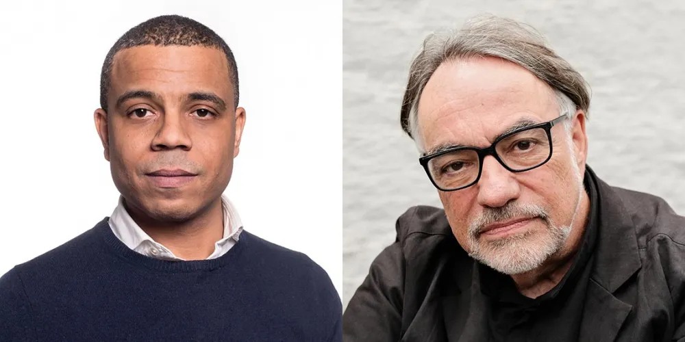 Two portrait photos side by side: a short-haired middle-aged man in shirt and blue sweater and a man with gray beard and glasses in brown jacket.