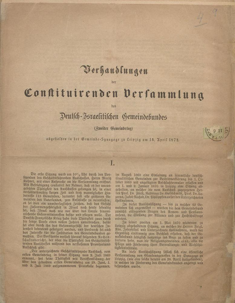Titelseite der Schrift Verhandlungen der Constituirenden Versammlung des Deutsch-Israelitischen Gemeindebundes.