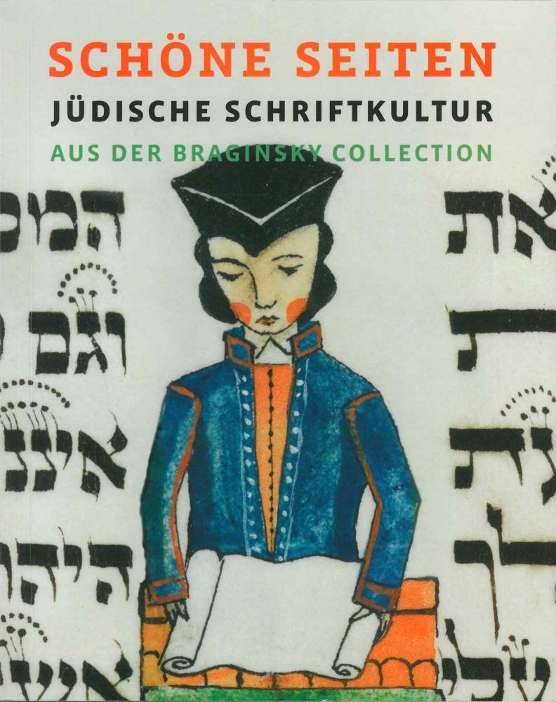 Catalogue Cover for the Exhibition "Braginsky": illustration of a man surrounded by Hebrew letters, the man is opening a scroll