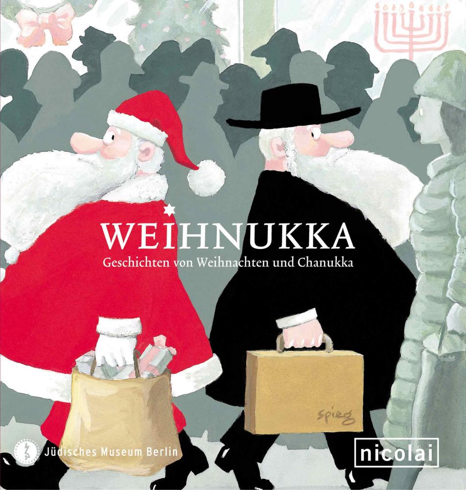 Catalogue cover of “Chrismukkah” with an illustration of a man dressed as Santa walking past a man wearing Orthodox Jewish clothing.