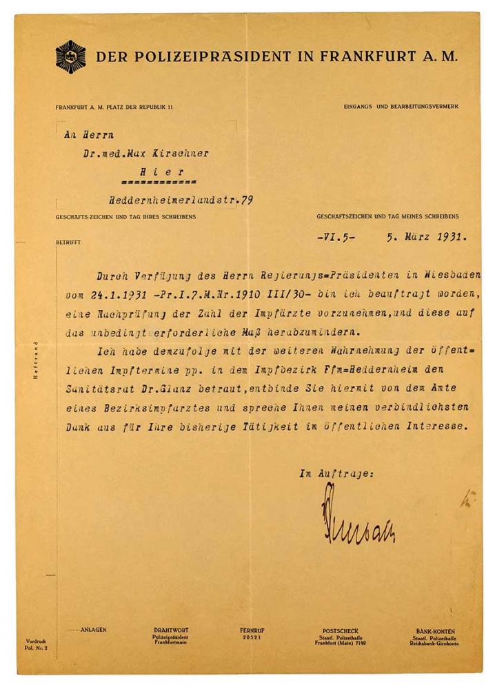 A typewritten page. Thank-you letter from the police commissioner to Dr. Max Kirschner relieving him of the duty of administering vaccinations in the Heddernheim district of Frankfurt.