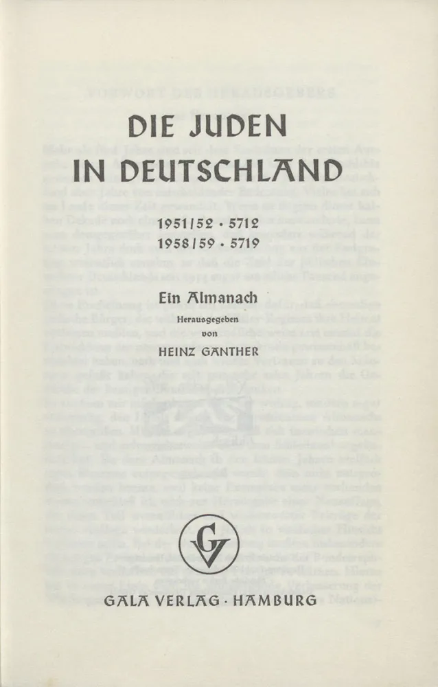 Die erste Seite, auch genannt Schmutztitel, des Buches: Die Juden in Deutschland.